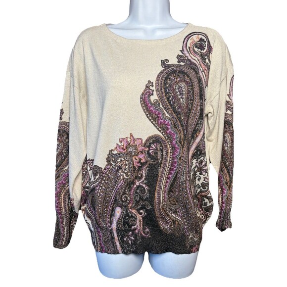 Chico's Metallic Paisley Knit Sweater Top Women's Size 1 Medium Cream Purple - Picture 11 of 11